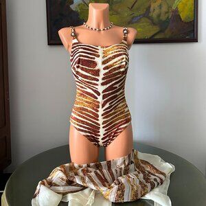 NWOT Maryan Mehlhorn Animal Print One-Piece Swimsuit + Silk Scarf Coverup, sz 12
